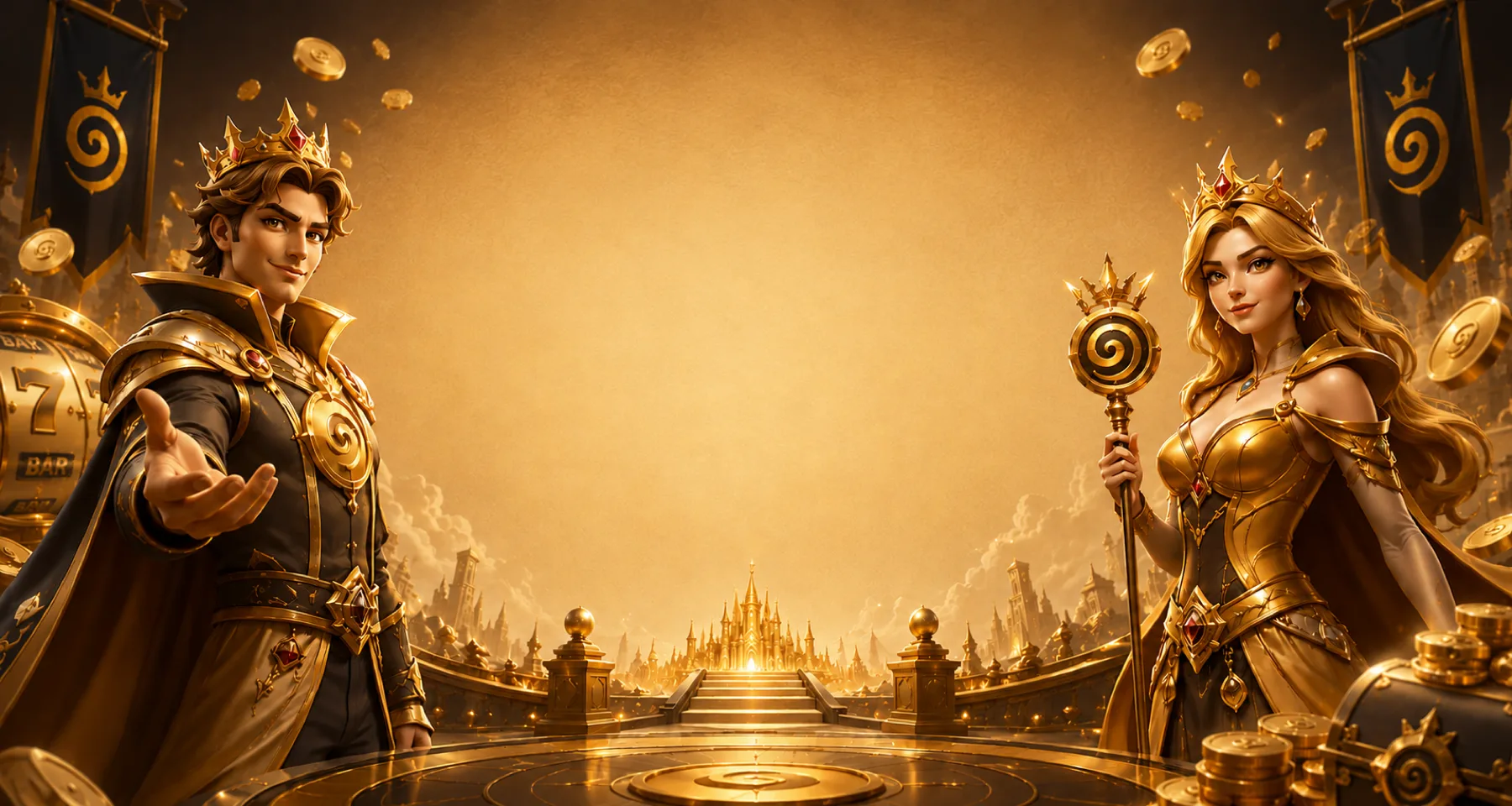 Royal characters welcoming you to the Golden Spin Realm